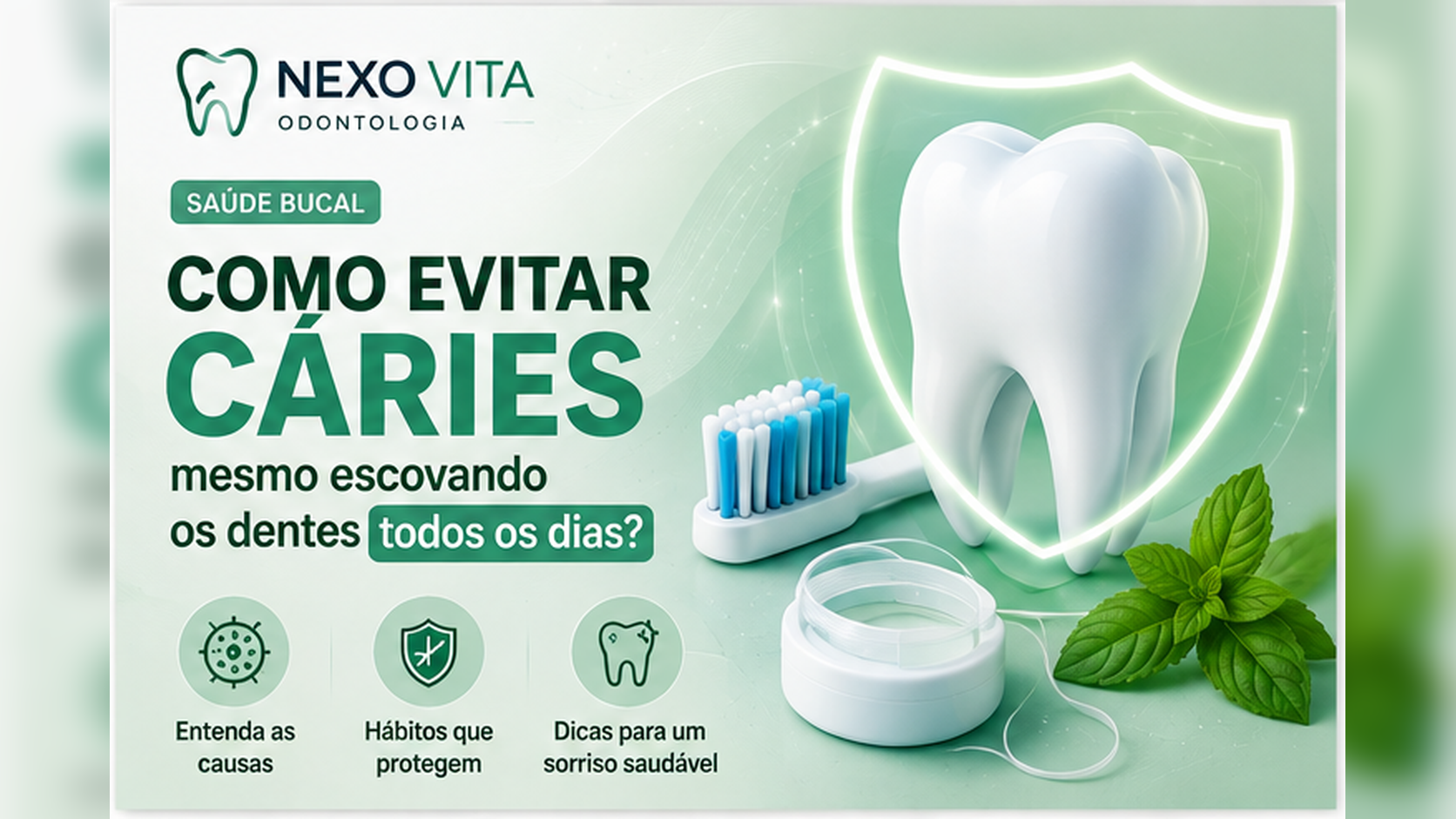 Escova de dentes e fio dental representando prevenção de cáries